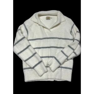 Elie Tahari Fuzzy‎ Pullover Sweater Striped Collared Cozy Comfy White M